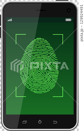A digital fingerprint displayed on a smartphone, symbolizing security and biometric technology. 129924491