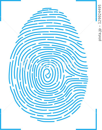 A highly detailed, bright blue fingerprint is displayed against a black background. Identification. 129924495
