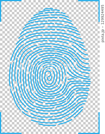 A highly detailed, bright blue fingerprint is displayed against a black background. Identification. 129924495