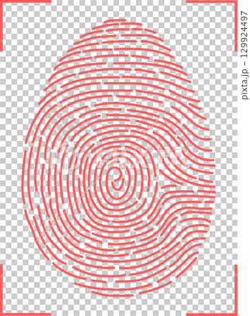 Red fingerprint on a black background showcasing unique identification and security measures. 129924497