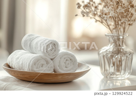 Several fluffy white towels are neatly rolled in a wooden bowl, next to a vase of dried flowers. The scene is soft, cozy, and well-lit with bokeh lights. 129924522