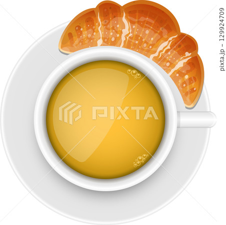 Illustration of a cup of tea with a croissant; warm and inviting for a peaceful morning. Illustration of a cup of tea with a croissant; warm and inviting for a peaceful morning. 129924709