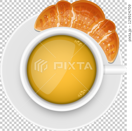 Illustration of a cup of tea with a croissant; warm and inviting for a peaceful morning. 129924709