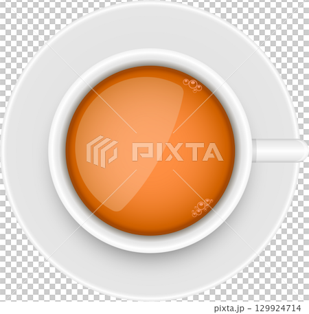 Overhead shot of a steaming cup on a saucer. A glossy, warm beverage ready to be enjoyed. 129924714