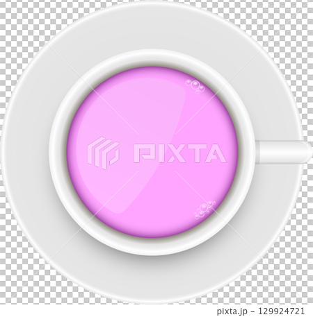 Top-down view of a white cup and saucer filled with a vibrant pink liquid and small bubbles. 129924721