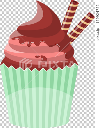 A decadent cupcake with chocolate frosting, wafer straws, and a striped paper wrapper. Sweet treat. 129924722