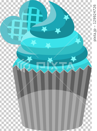 Stylized cupcake illustration with blue frosting, star decorations, and waffle heart. Stylized cupcake illustration with blue frosting, star decorations, and waffle heart. 129924726