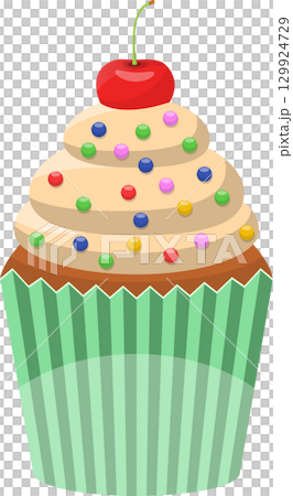 Delicious cupcake with creamy frosting, colorful sprinkles, and a bright red cherry on top. 129924729