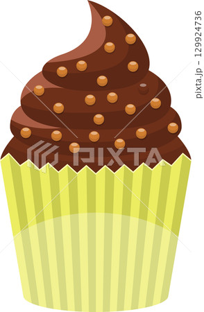 Delicious chocolate cupcake with brown sprinkles and a striped yellow wrapper. Sweet temptation. Delicious chocolate cupcake with brown sprinkles and a striped yellow wrapper. Sweet temptation. 129924736