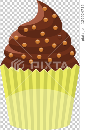 Delicious chocolate cupcake with brown sprinkles and a striped yellow wrapper. Sweet temptation. Delicious chocolate cupcake with brown sprinkles and a striped yellow wrapper. Sweet temptation. 129924736