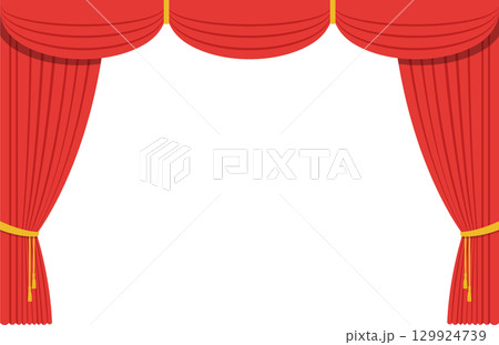 An illustration of a classic theatrical stage with red curtains and golden tassels. Stage is closed. An illustration of a classic theatrical stage with red curtains and golden tassels. Stage is closed. 129924739