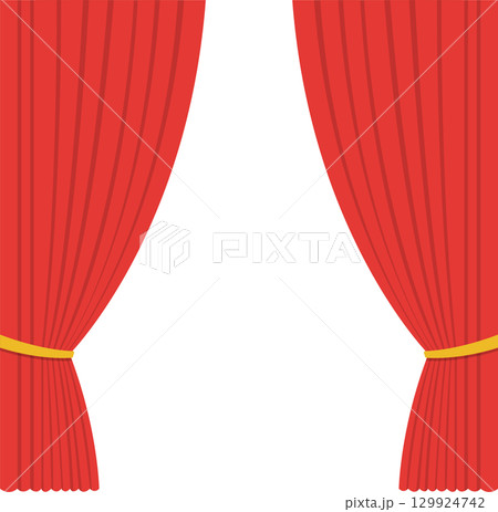 Illustration of red curtains parted to reveal a dark stage or backdrop, evoking theater and performance. 129924742