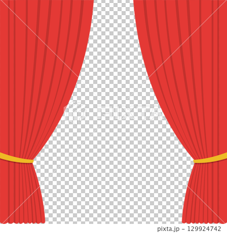 Illustration of red curtains parted to reveal a dark stage or backdrop, evoking theater and performance. 129924742