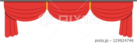 A decorative red swag curtain hanging from a gray rod, adding drama to a stage backdrop. A decorative red swag curtain hanging from a gray rod, adding drama to a stage backdrop. 129924746