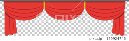 A decorative red swag curtain hanging from a gray rod, adding drama to a stage backdrop. A decorative red swag curtain hanging from a gray rod, adding drama to a stage backdrop. 129924746