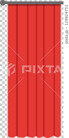A vibrant, solid red curtain hangs from a dark gray rod, simple elegant design element vector. 129924751