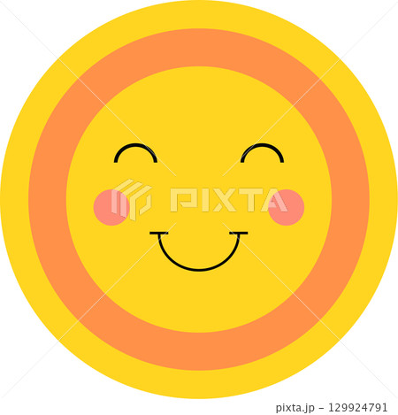 Whimsical yellow circle with a joyful expression, featuring soft pink cheeks and a warm smile. 129924791