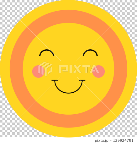 Whimsical yellow circle with a joyful expression, featuring soft pink cheeks and a warm smile. Whimsical yellow circle with a joyful expression, featuring soft pink cheeks and a warm smile. 129924791
