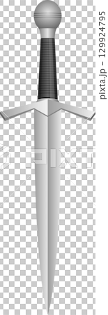 A medieval-style dagger with a silver blade, dark handle, and black background is centered. 129924795