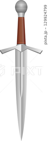 Detailed image of a dagger with a silver blade, brown handle, and horizontal guard. Sharp. 129924799