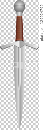 Detailed image of a dagger with a silver blade, brown handle, and horizontal guard. Sharp. Detailed image of a dagger with a silver blade, brown handle, and horizontal guard. Sharp. 129924799