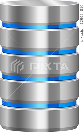 Metallic databases stack illustration. Gray cylinders with blue bands symbolize data storage. Metallic databases stack illustration. Gray cylinders with blue bands symbolize data storage. 129924816