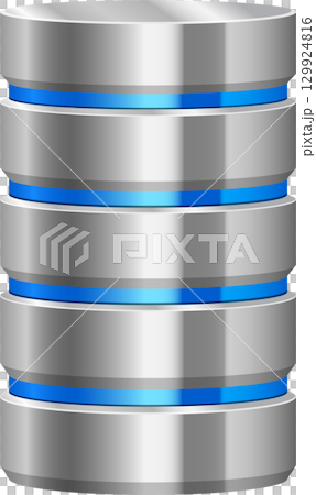 Metallic databases stack illustration. Gray cylinders with blue bands symbolize data storage. Metallic databases stack illustration. Gray cylinders with blue bands symbolize data storage. 129924816