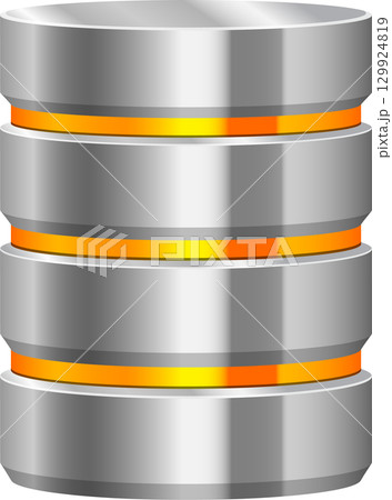 Silver cylinder stack with glowing orange rings representing database or data storage system 129924819