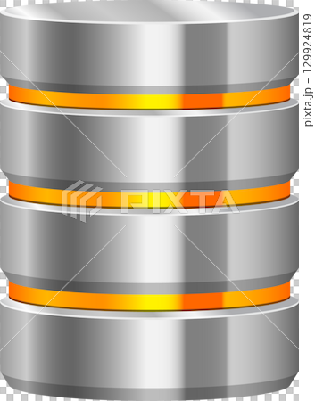Silver cylinder stack with glowing orange rings representing database or data storage system 129924819