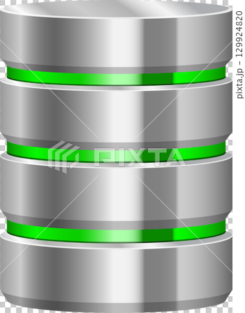 Illustration of a three-tiered, round, silver database server with green rings in between. Illustration of a three-tiered, round, silver database server with green rings in between. 129924820