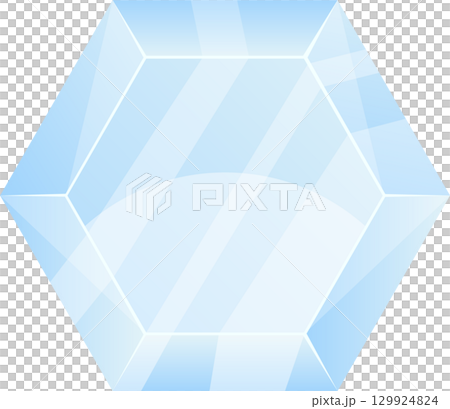 A light blue gem in a hexagonal shape, glistening with light and appearing translucent on black. 129924824