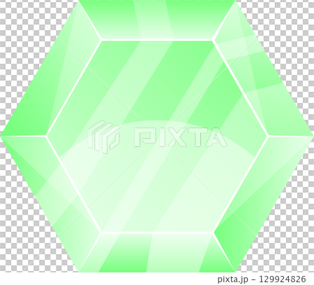 A digitally rendered, luminous light-green gemstone with multiple facets and a hexagonal shape. 129924826