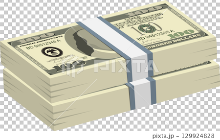 Two stacks of banded hundred dollar bills, representing wealth, savings, and economic success. 129924828