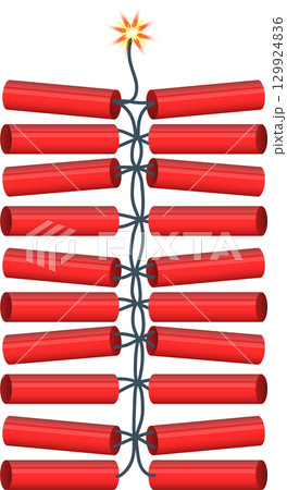 Cartoon dynamite bundle with burning fuse on a black background, ready to explode with danger Cartoon dynamite bundle with burning fuse on a black background, ready to explode with danger 129924836