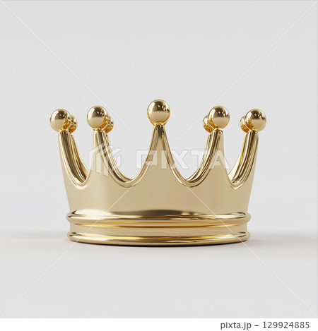 A shiny, polished golden crown with spiked points and orbs on top is depicted against a simple, clean white background, suggesting luxury and royalty. A shiny, polished golden crown with spiked points and orbs on top is depicted against a simple, clean white background, suggesting luxury and royalty. 129924885