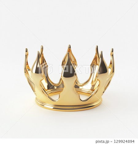A shiny, polished golden crown with spiked points and orbs on top is depicted against a simple, clean white background, suggesting luxury and royalty. A shiny, polished golden crown with spiked points and orbs on top is depicted against a simple, clean white background, suggesting luxury and royalty. 129924894