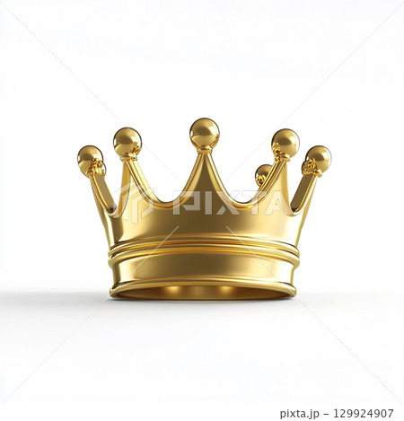 A shiny, polished golden crown with spiked points and orbs on top is depicted against a simple, clean white background, suggesting luxury and royalty. 129924907