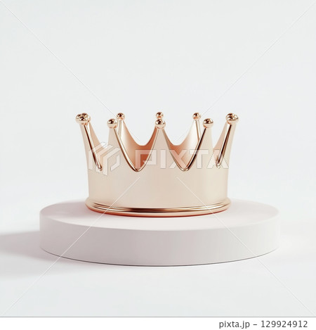 A shiny, polished golden crown with spiked points and orbs on top is depicted against a simple, clean white background, suggesting luxury and royalty. 129924912