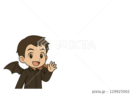 コウモリの翼を背負い笑顔で手を振るミニキャラ男性 コウモリの翼を背負い笑顔で手を振るミニキャラ男性 129925002