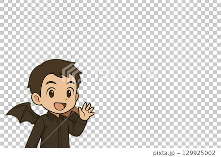コウモリの翼を背負い笑顔で手を振るミニキャラ男性 コウモリの翼を背負い笑顔で手を振るミニキャラ男性 129925002