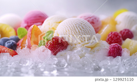 A colorful assortment of various ice cream scoops is artfully arranged on a white background.  129925110