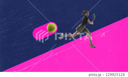 Contemporary collage of female tennis forehand with neon glowing trail on geometric background 129925128