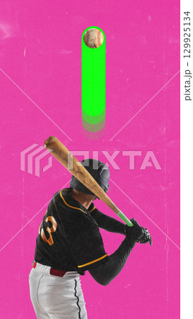 Bold colorful poster of baseball player swinging bat with neon glowing trail on pink background 129925134