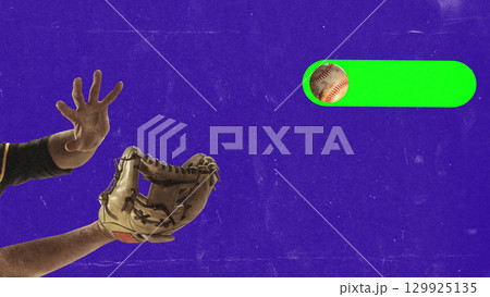 Creative poster of baseball player catching ball with neon glowing trail Creative poster of baseball player catching ball with neon glowing trail 129925135