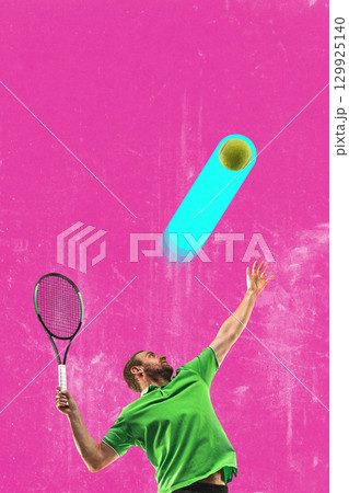 Bold collage of male tennis player serving with neon glowing trail ball 129925140