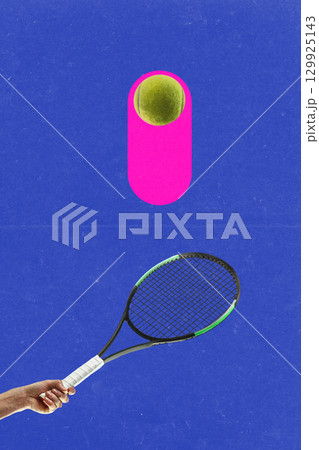 Creative collage of tennis racket hitting neon glowing trail ball on pink blue background Creative collage of tennis racket hitting neon glowing trail ball on pink blue background 129925143