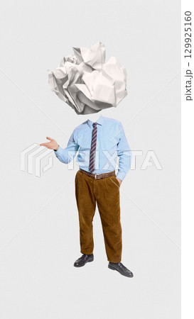 Collage of businessman with crumpled paper head in formal clothes 129925160