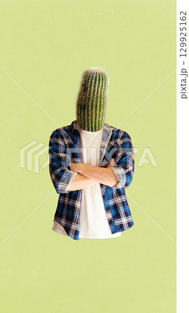 Collage of man with cactus head standing with crossed arms. 129925162