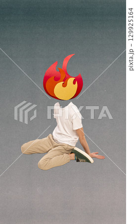 Digital artwork of man with flame head sitting on floor in casual pose Digital artwork of man with flame head sitting on floor in casual pose 129925164