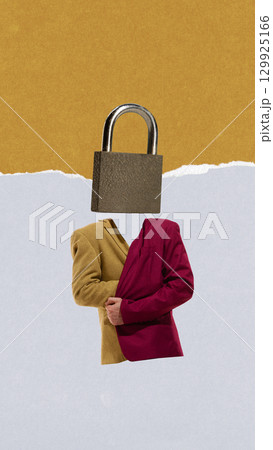 Bold collage of man in sweater with padlock head symbol secrecy Bold collage of man in sweater with padlock head symbol secrecy 129925166